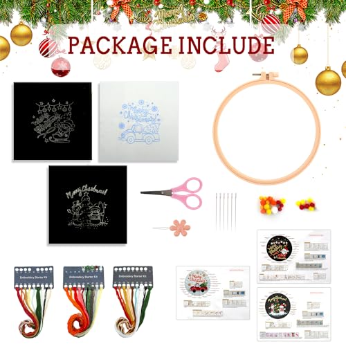 MAMUNU 3 Sets Christmas Embroidery Kits for Beginners Adults Santa Snowman Car Stamped Cross Stitch Kits - Image 3