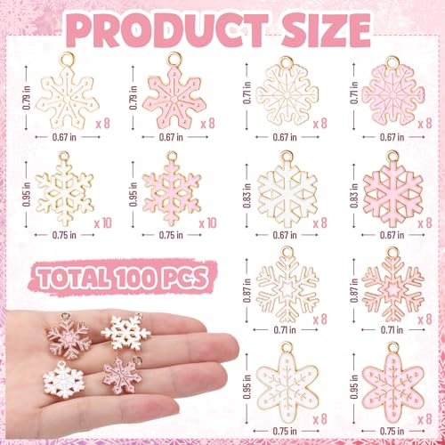Misdary 100 Pcs Pink Winter Charms for Jewelry Making Earring Necklace Bracelet Xmas Charms Metal Alloy Jewelry Pendants for DIY Winter Holiday Xmas Craft Ornaments Gifts Supplies (Pink Snowflake) by Misdary - Image 2