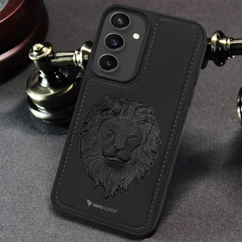 Image of Vaku Luxos Lion Embossed Back Cover Case for Samsung Galaxy S24 FE 5G Premium Leather Stitched Soft Shockproof Protective TPU Phone Case Camera Screen Protector- Black