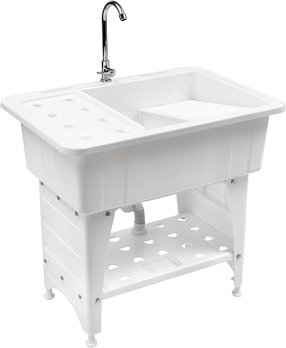 Vista 13 de CNCEST Fregadero de plástico independiente con tabla de lavadero, fregadero para interiores y exteriores con grifo de agua fría y caliente