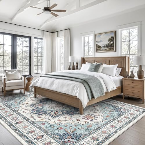 Madane Washable Rug 8x10 Area Rugs for Living Room, Ultra-Thin Non-Slip Backing Rug, Stain Resistant Vintage Large Area Rug for Bedroom (Blue, 8'x10')