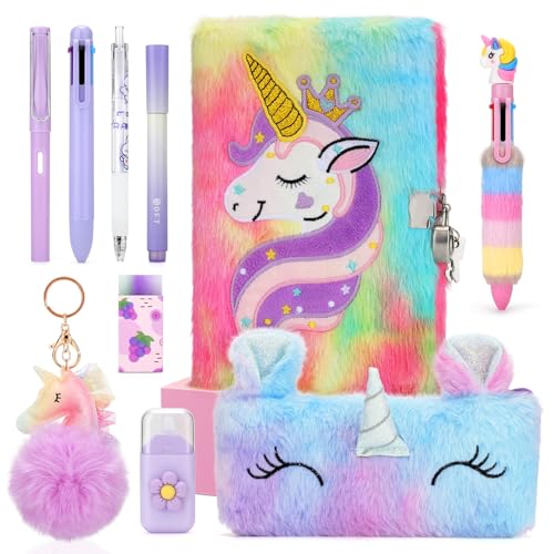 Cooyou Diario Secreto Unicornio Niña, Set de Diario Secreto con Candado de Peluche, Set de Papelería con Cuaderno A5, Regalo para Niña de 5, 6, 7, 8, 9, 10, 11 y 12 Años