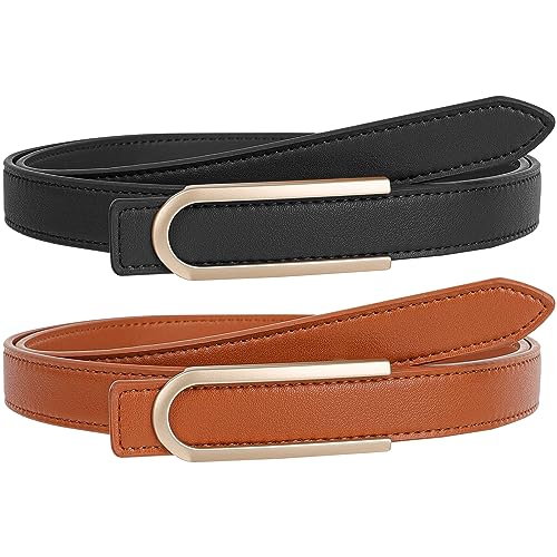 NPET 2 Pack Women Leather Belts for Jeans Dresses Fashion Vintage Waist Belt for Women with Gold Buckle （Brown Black White）