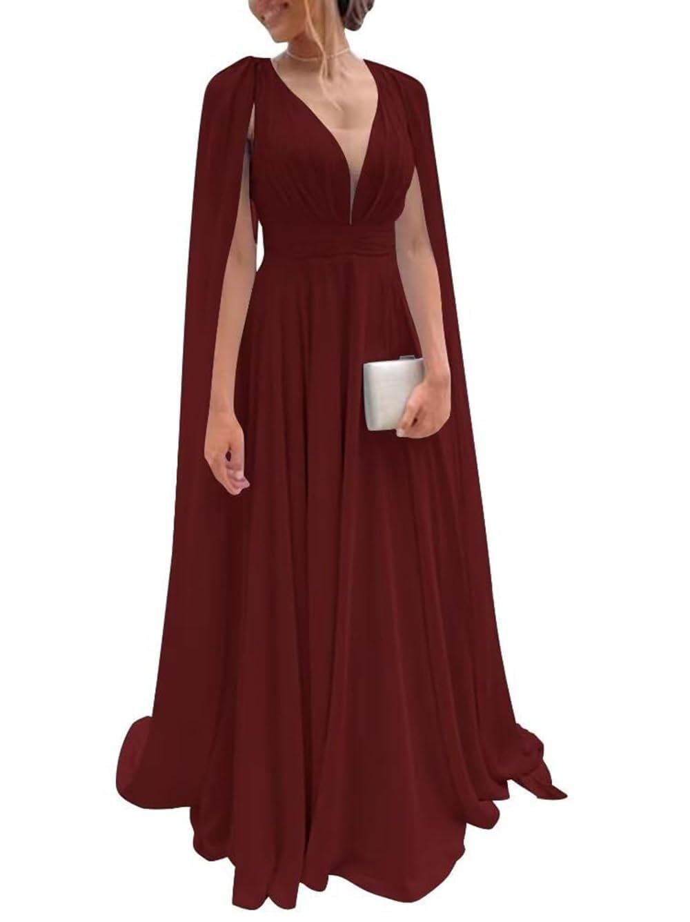 Chiffon Bridesmaid Dress for Women Cape Sleeve V-Neck Formal Evening Gowns with Pocket LBC020
