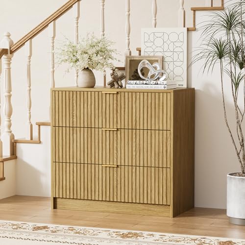 Image of Furniway 31.5 inch Large Nightstand with 3 Drawers, Fluted Bedside Table, Modern Tall End Table with Storage, Wood Night Stand Organizer Cabinet for Bedroom, Natural Oak