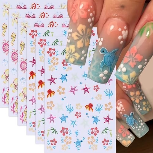 6 Sheets Summer Beach Nail Stickers for Nail Art Tropical Nail De...