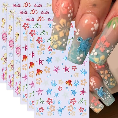 6 Sheets Summer Beach Nail Stickers for Nail Art Tropical Nail Decals 3D Self-Adhesive Ocean Seahorse Hibiscus Flower Small Floral Summer Hawaii Design Manicure Tropical Nail Accessories for Women