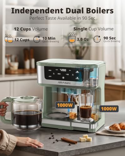 Image of AIRMSEN 12-Cup Programmable Duo Coffee Maker - Single Serve Machine for K-Cup Pods & Ground, 1000W Fast Brew, Delay Start, 2H Keep Warm, Touchscreen, 60oz Tank, Glass Carafe - Home & Office