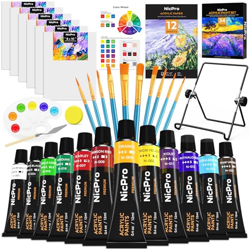 Nicpro Kids Paint Set, 34PCS Painting Supplies Kit Non Toxic,12 Colors Acrylic Paint, Table Easel, 6 Canvas Panels, 10 Brushes, Paper Pad, Sponge, Color Wheel, Palette for Adult Toddlers Beginner