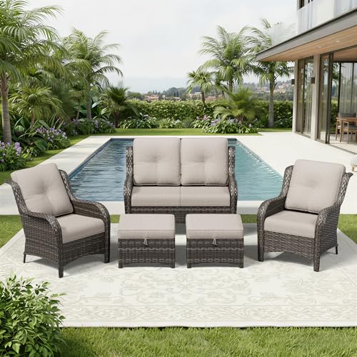 Image of Joyside 5 Piece Wicker Patio Furniture Set, Rattan Patio Chairs with High Back, Deep Seating, Wide Armrest, Thickened Cushions, Outdoor Furniture for Deck, Porch Use