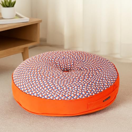 Image of Reversible 60x60x10 cm Woven Quilted Orange Floor Cushion with Cotton Filler for Seating, Patio Seat, Meditation, Yoga, Pooja, Guests, Living Room, Bedroom, Large Size 24x24x4 Inch