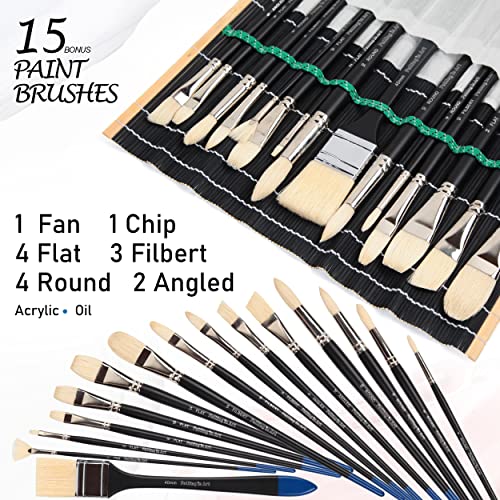 Natural Bristle Professional Paintbrushes Set | 15Pcs Long Handled Paint Brushes For Acrylic Painting | Oil Paint Brushes Of Fan, Round, Flat, Angled, Filbert, And Chip Tips With Bamboo Storage Pouch #TOP5
