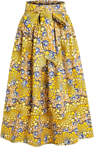 HongyuAmy Women's African Print Long Skirt Kente Wax Maxi Skirts with Pockets Head Wrap Set（One Size,Color C