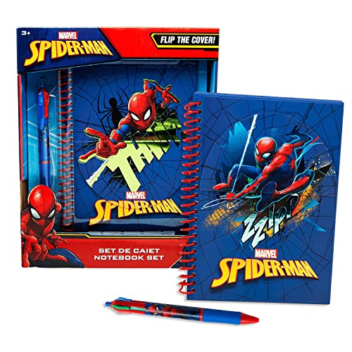 Marvel Spiderman Diario Secreto, Incluye Boligrafo Multicolor y Libreta, Diseño 2 Cubiertas de Cuaderno Spiderman, Set Escolar para Niños