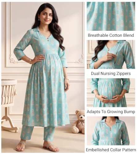 Image of DUMMY SHAPE Maternity Dresses for Women Cotton | Floral Kurta Pant Dupatta Set with Nursing Zippers, Side Pocket | Pre & Post Pregnancy | Feeding Kurti Suit | Baby Shower | Gifts for Pregnant Woman