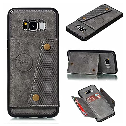 Jtailhne Kompatibel med Fodral Samsung Galaxy S8 Plus & 2X HäRdat Glas SkäRmskydd, Plånboksfodral Korthållare Kickstand [Passande för bilhållare] Stötsäkert Stativ Skal Grå