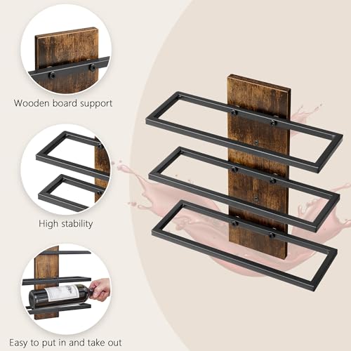 FAVOOSTY Wine Rack Wall Mounted, 3 Tier Metal Wine Display Rack, Wood Wine Rack Storage Holder Display Rack for Kitchen, Dining Room, Bar, Wine Cellar - Image 4
