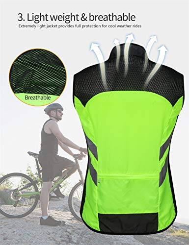 WOSAWE Men's High Visibility Cycling Wind Vest Sleeveless Reflective Bicycle Gilet, Green L