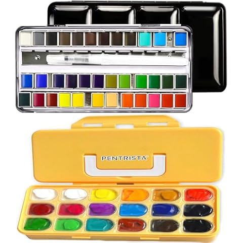 PENTRISTA Watercolor Paint Set and Jelly Gouache Paint Set 18 *30ml, 36 Colors Premium Solid Watercolor Half Pans in Tin Box, Refillable Water Brush Pen, Art Supplies for Canvas and Paper, Ideal Gift Cover