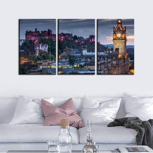 Gracelapin Canvas Wall Art Decor, Edinburgh Castle And Cityscape At Night In Scotland, Uk Scotlands Printed Oil Painting Home Decoration- 3 Panels #TOP3