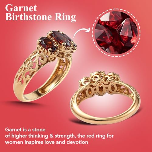 3 Stone Garnet Ring for Women in 14K Gold Plated 925 Sterling Silver - January Birthstone Promise Engagement Vintage Red Garnet Jewelry Birthday Gifts for Womens4