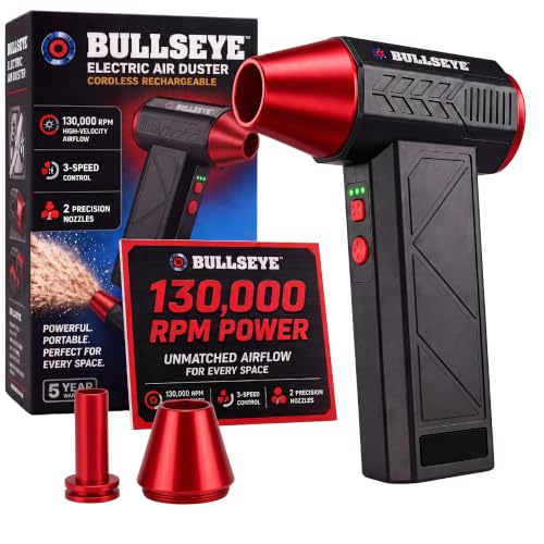 BULLSEYE Blaster 130000 RPM Electric Air Duster Rechargeable Cordless Compressed Air Blower for Computer Cleaning Keyboard Electronics Car Detailing 3 Speed Turbo 2 Nozzles As Seen on TV