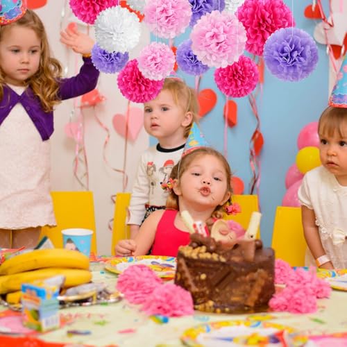 Image of 20 PCS Tissue Paper Pom Poms, Tissue Pom Poms Flowers, Sizes of 6 inch, 10 inch, 12 inch, 14 inch Hanging Paper Flower Ball for Wedding, Birthday, Halloween, Christmas, Baby Shower Party Decor (Pink Purple White)
