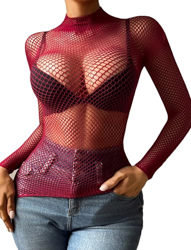 Image of Avidlove Women's Sexy Fishnet Mesh Long Sleeve Tops Mock Neck Sheer Lace See-Through Blouse Bodycon Clubwear Party Tops