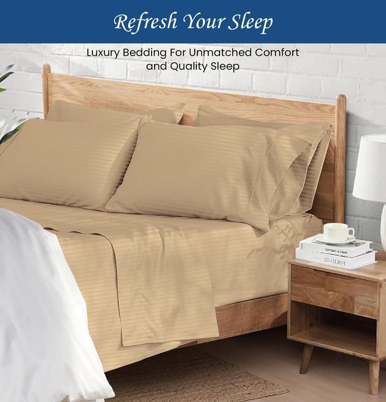 900-Thread-Count 100% Egyptian Cotton Sheets, Luxrious 6-PCs Sheet Set, Soft and Silky, Fits Mattress Upto 21-23'' Deep Pocket (Queen, Taupe Stripe)