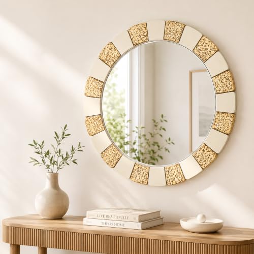 Image of Saliwa 27 Inch Round Bathroom Mirror, Wood Framed Wall Mirror, Rustic Farmhouse Round Mirror for Vanity, Entryway, Living Room, Bedroom and Hallway