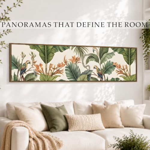 Image of PAINTINGMANTRA Amazonia Macaw Foliage Panel Cancas Wall Art Painting For Living Room Tropical Jungle Wall Decor Horizontal Wall Art Botanical Nature Large Framed Painting Living Room Decoration Vibrant Colorful 33x119 cm