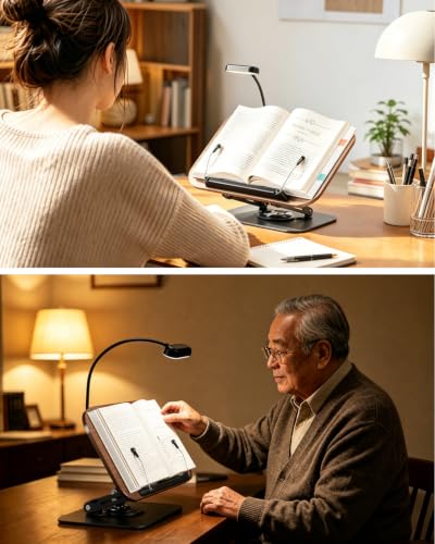 Image of Book Stand with Reading Light, 360 Rotating Book Holder for Desk, Foldable Cookbook Stand with Page Clips, Height & Angle Adjustable Reading Stand for Textbooks, Tablets
