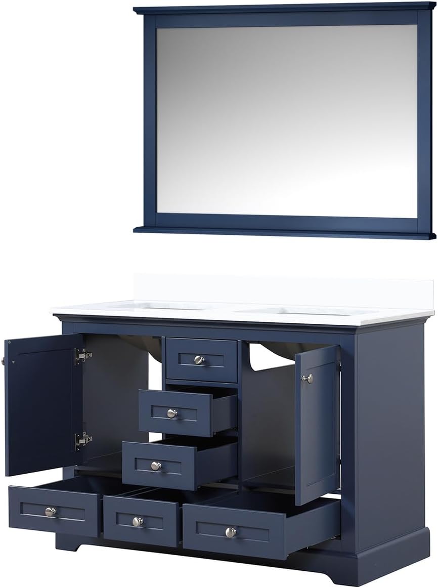 Dukes 48 in. W x 22 in. D Navy Blue Double Bath Vanity, White Quartz Top and 46 in. Mirror