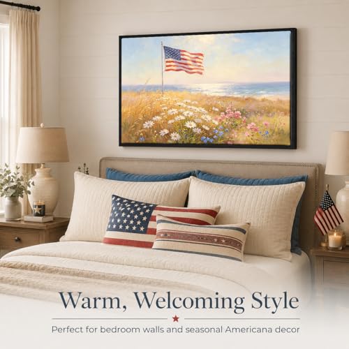 Image of American Flag Framed Canvas Wall Art, 4th of July Floral Canvas Prints, Wildflower Landscape Patriotic Decorations, Vintage Rustic Independence Day Wall Decor for Bedroom Living Room Office 11x14