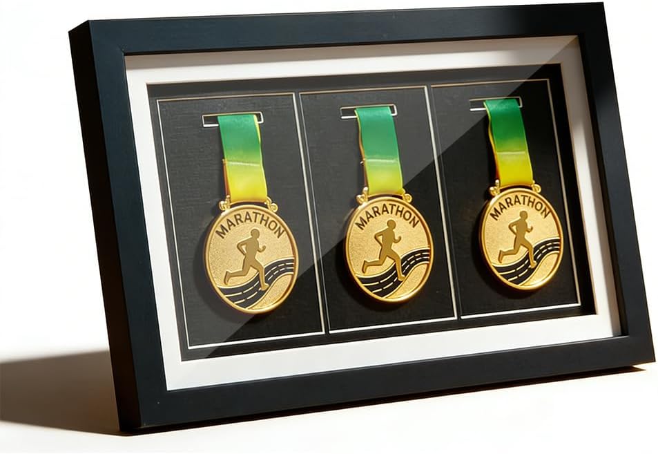 3-Medal Display Shadow Box, High-Clarity Acrylic Front, Wall Mount or Tabletop Display Case with Matte Black PU-Wrapped Solid Wood Frame for Military, Marathon, Running, Sports Awards