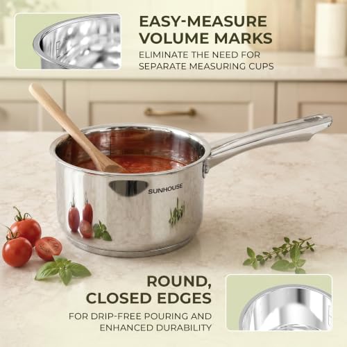Image of Sunhouse 3 QT Stainless Steel Sauce Pan with Lid, Small Pot for Cooking, PFOA-Free, Advanced Impact Bonding Induction Base Mini Saucepan, Compatible with Induction, Ceramic, Gas