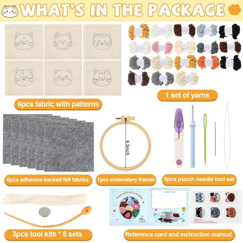 Image of Justforjoyful 6 Set Punch Needle Embroidery Coasters Craft Kits Punch Needle Refrigerator Magnets Kit Tool Threader Fabric for Christmas Winter Beginners Adults Kids DIY Handmade Gifts Party(Cat)