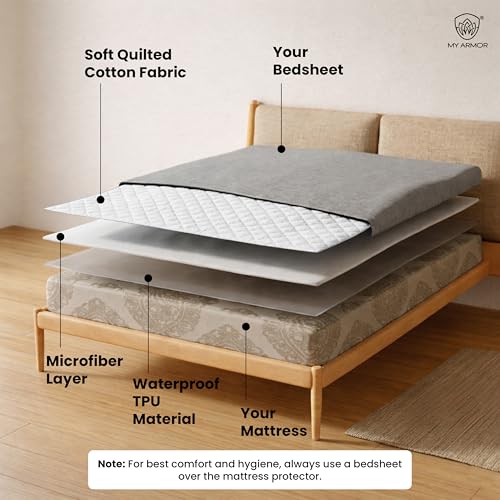Image of My Armor Mattress Protector King Size | Waterproof Cotton Quilted Bed Protector King Size, 78x72 Inch | Breathable Noiseless Ultra Soft Fitted Cover with Elastic Skirting, 6.5x6 ft, White