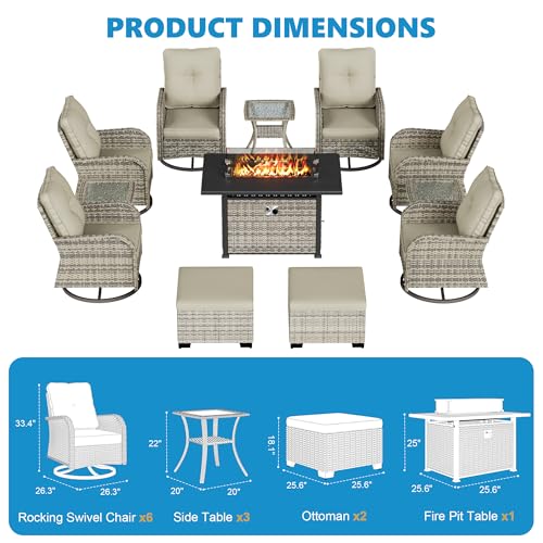 Image of 12-Piece Small Patio Furniture Set, Outdoor Swivel Rocking Chairs Set with 55,000 BTU Fire Pit Table Wicker Chairs and Ottomans, Patio Bistro Set for Balcony, Deck, Porch, Ivory