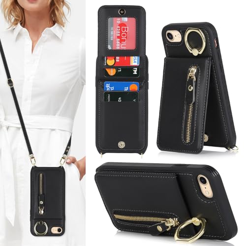 DEYHU for iPhone 7 8 SE (2020) Case with Card Holder for Women, for iPhone se Phone Case Wallet with Strap Credit Card Slots Crossbody with Kickstand Zipper Shockproof Case - Black