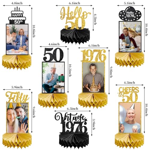 Image of Eucutur 8Pcs 50th Birthday Decorations Honeycomb Centerpieces for Women Men, Black Gold Vintage 1976 50th Bday Photo Table Centerpieces Party Supplies, Glitter Cheers to 50 Year Old Bday Table Topper