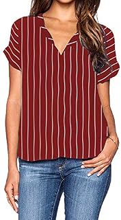roswear Women's Casual Stripe Short Sleeve Top Shirts Blouse Burgundy Medium