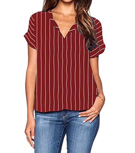 roswear Women's Casual Stripe Short Sleeve Top Shirts Blouse Burgundy Medium