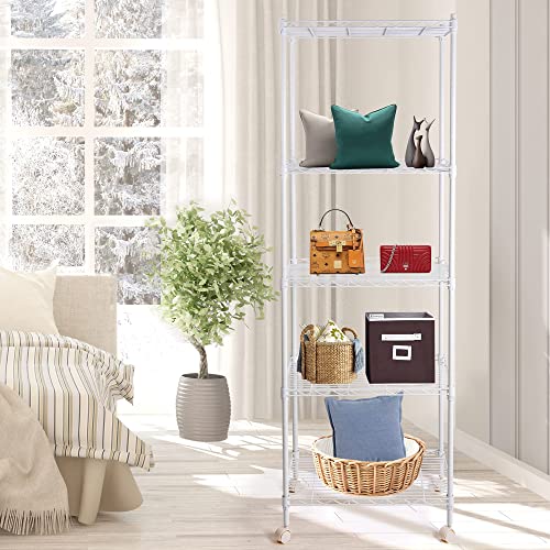 Js Hanger Wire Shelving Unit With Wheels, 5-Tier Heavy Duty Height Adjustable Rolling Metal Shelves For Storage, 550 Lbs Capacity, 23.23''W X 13.4''D X 71''H, White #TOP7