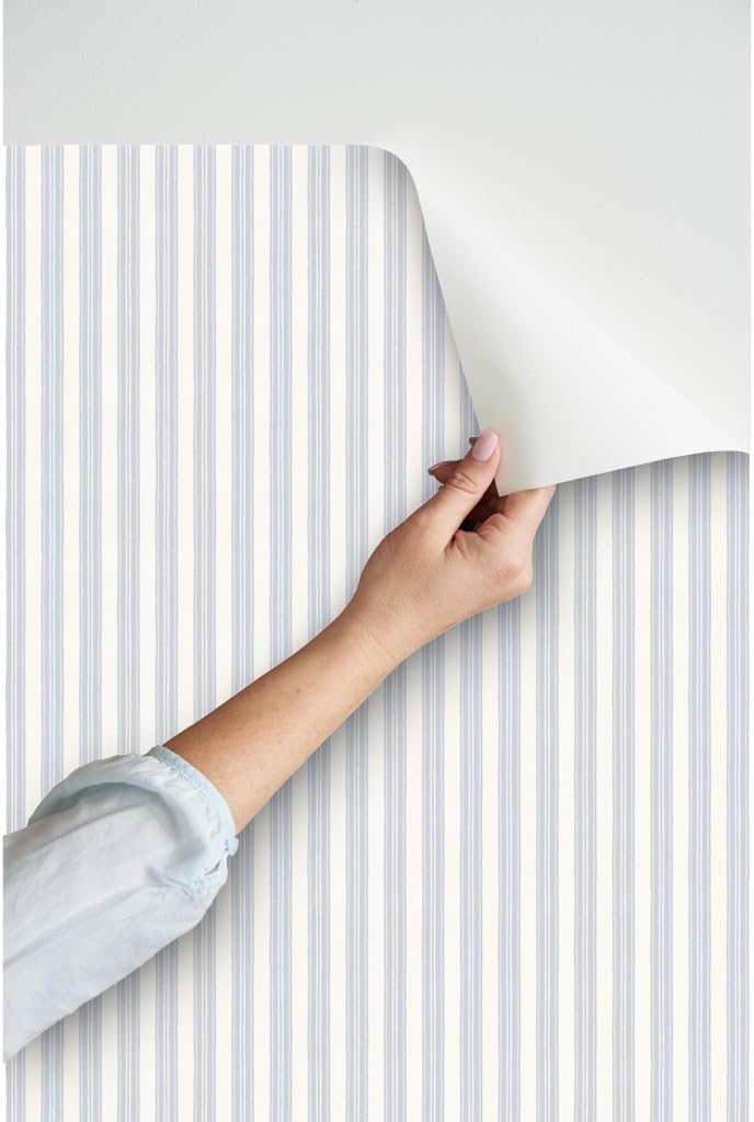 Peel & Stick Wallpaper Swatch - Blue Ticking Stripe,Traditional,Coastal,Vintage antiqu,Blue White,Cottage,grandmillenial,Classic Custom Removable Wallpaper by Spoonflower