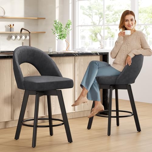 Image of YaFiti 24 inch Counter Height Bar Stools Set of 2, Modern Swivel Bar Stools with Ergonomic Curved Back, Faux Leather Seat & Solid Wood Legs, Charcoal Grey