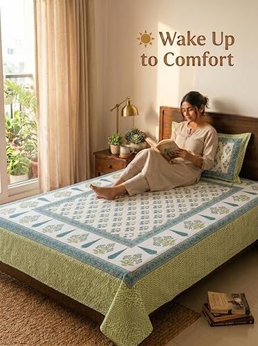Image of Mafatlal 144 TC Heritage 100% Cotton Single Size Bedsheet (90x60 inches) with Matching Pillow Cover | Soft & Comfortable | Elegant Printed Heritage Design | Pista Green