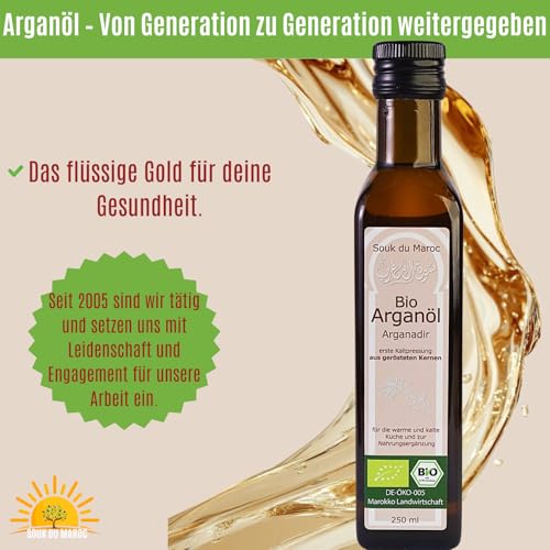 Bio Arganöl Speiseöl geröstet kaltgepresst Arganadir aus Marokko, 250ml 100% rein Vegan Bio-Arganöl für Küche, Salate & Nahrungsergänzung Gourmet-Speiseöl Fair Trade