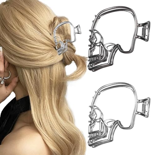 2PCS Metal Hair Claw Clips Silver & Black for Women - Skull Design Non-Slip Strong Hold Hair...