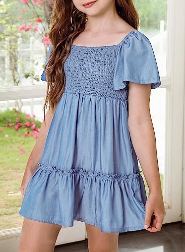 Blibean Tween Girl Denim Dress Kid Summer Ruffle Short Sleeve Jean Dresses Semi Formal Solid Dressy Clothes Boho Fancy Party Clothing Size 8-9 Years Old Navy Blue #TOP2